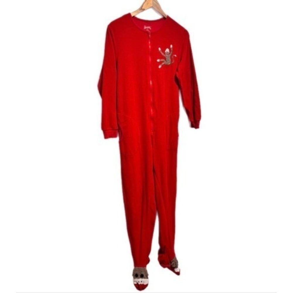 Nick & Nora Footed Pajamas Womens S Red Long Sleeve Sock Monkey Fleece Sleepwear